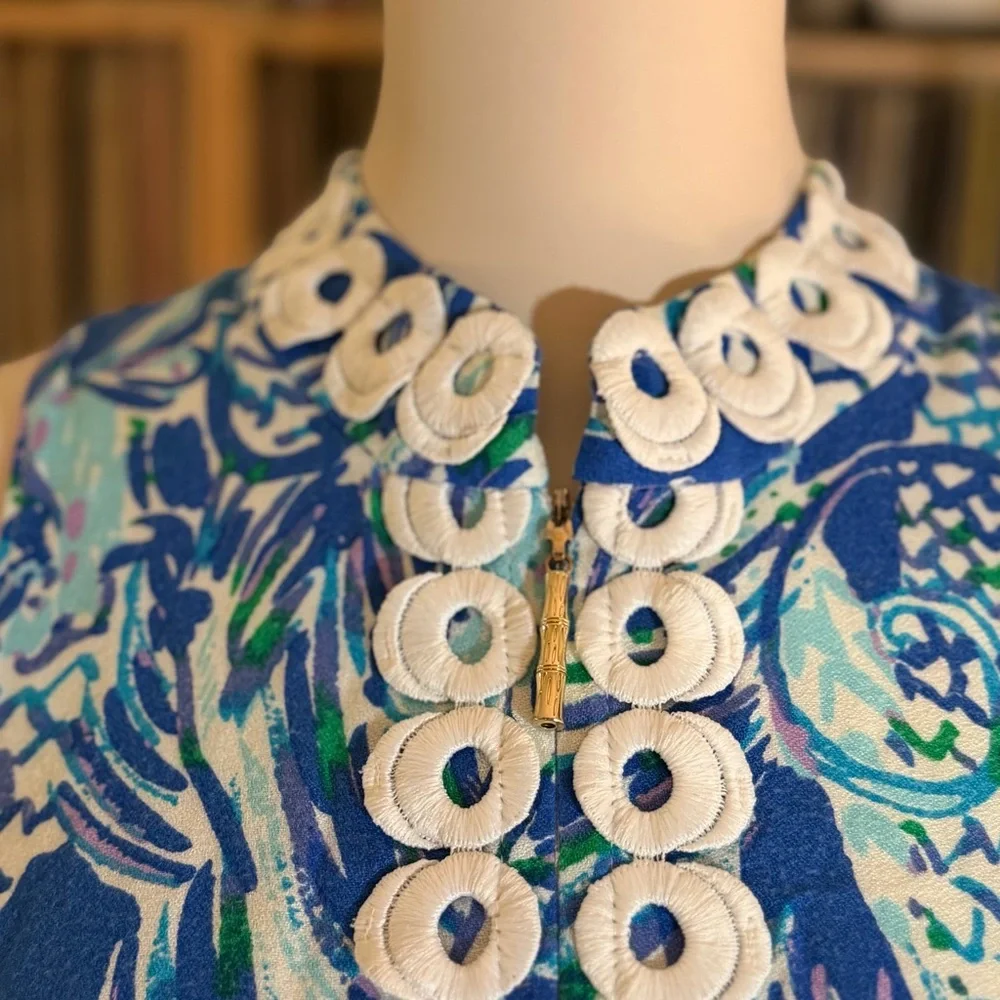 Lilly Pulitzer Jane Blue & Green Retro Size 6 Mod Dress White Trim Gold Zipper - Picture 4 of 9